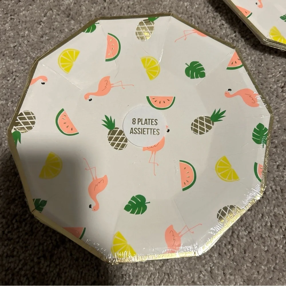 Meri Meri 3 Packs Of 8 Disposable Plates Flamingo Watermelon Pineapple